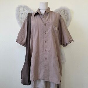 90s Indie Grunge Granola Girl Short Sleeve Button Up Shirt Tan Stripe Funky